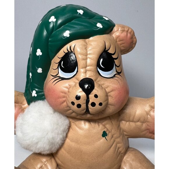 Vintage Teddy Bear Piggy Bank With Green Hat & Shamrock Accents - Picture 2 of 8